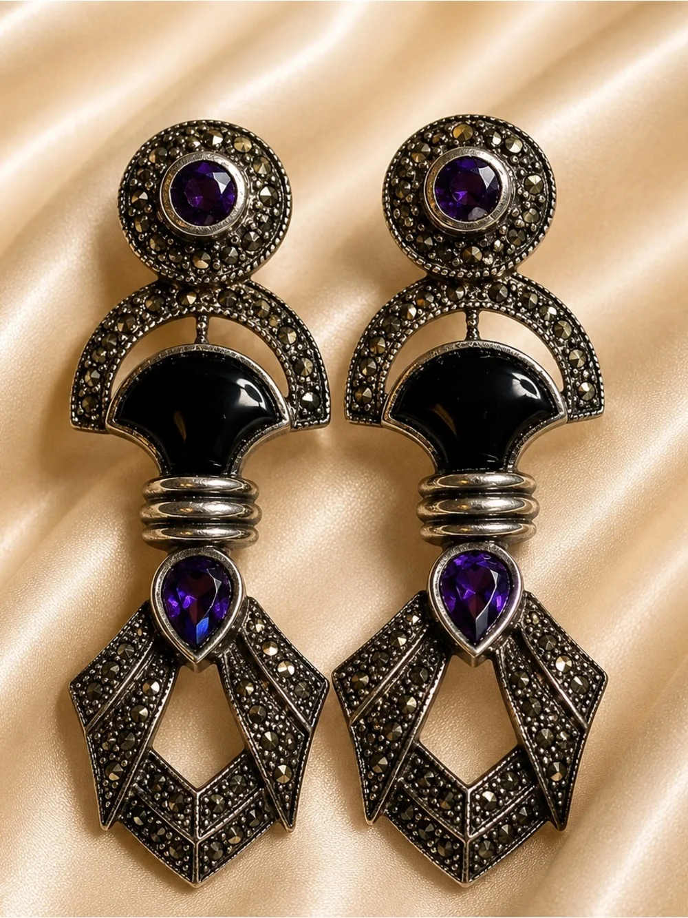 Vintage 925 Sterling Silver Marcasite Purple & Black Art Deco Earrings